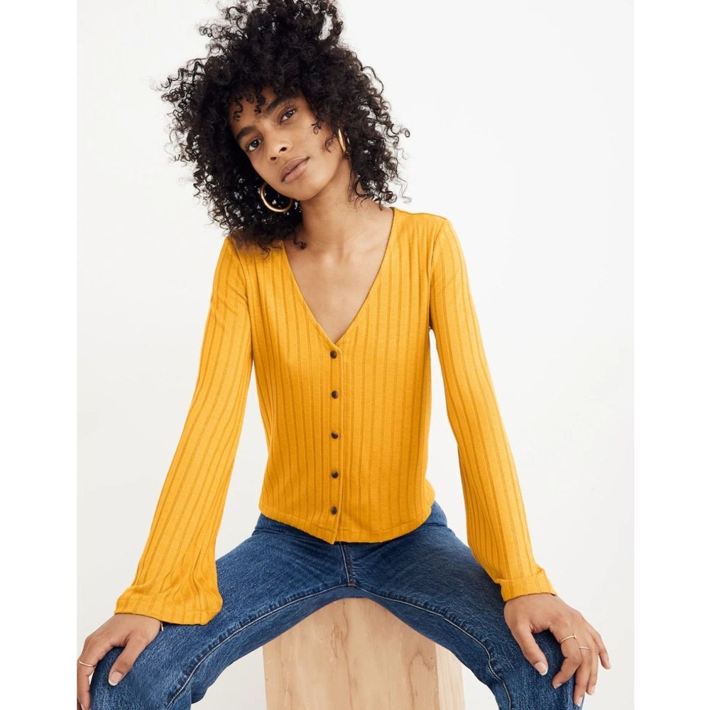 Madewell Bell Sleeve Cardigan Top Size XL Mustard Yellow Ribbed Knit V Neck